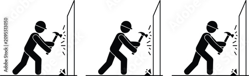 Construction worker hammering wall stick figure vector illustration, industrial repairman manual labor pictogram set, renovation concept design