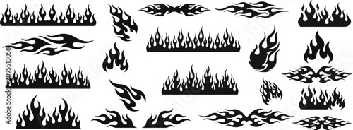 Flame silhouettes in classic 90s style, motorcycle and hot rod car style. Old school, retro tattoos. Black and white flame silhouette and outline style. Retro fire aesthetics, with flames. Vector set