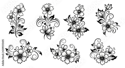 Foto Collection of six intricate circular vector motifs and mandala patterns featuring delicate geometric lines and symmetrical floral details on a clean white background