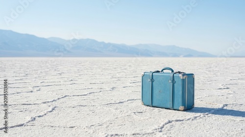 A blue suitcase sits on a vast expanse of white salt flats with mountains in the distance.