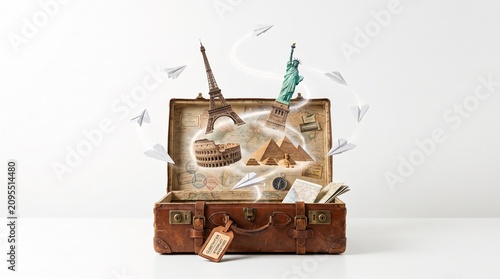 Vintage Suitcase with Travel Landmarks on White Background