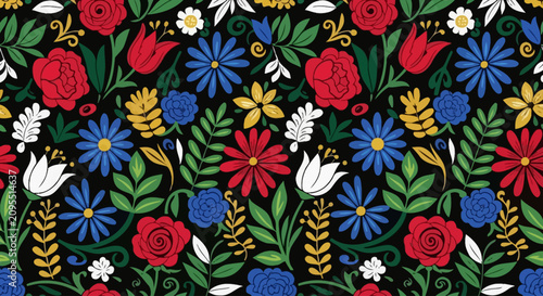 Fotografie Vibrant floral pattern with assorted flowers and foliage fills the entire colorful scene