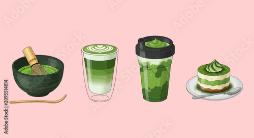 A vibrant display of matcha green tea products on a pink background including a bowl with a whisk a glass a cup and a cake.