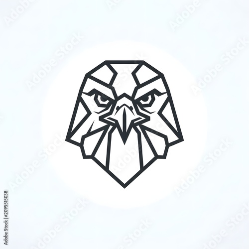A geometric illustration of a falcon's head logo with a menacing gaze
