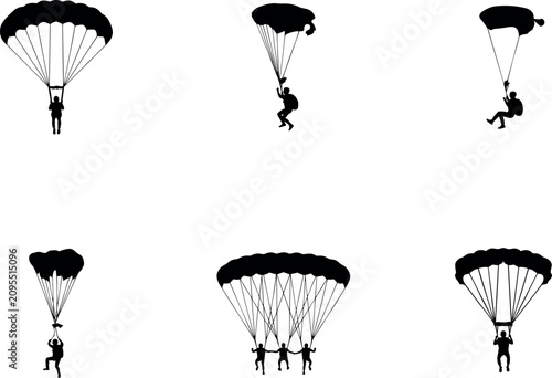 Cuadro en lienzo Parachutist silhouettes set with skydivers flying under open canopies in differe