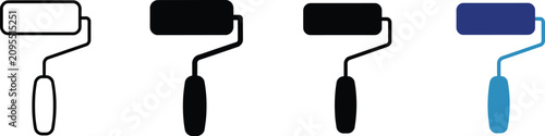 Paint roller icon set with outline, solid, and colored variations for design and renovation concepts