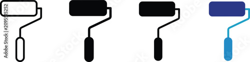 Paint roller icon set with outline, solid, and colored variations for design and renovation concepts