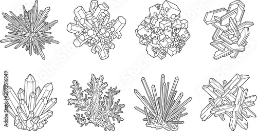 Bild auf Leinwand Detailed crystal cluster line drawings showing diverse mineral growth patterns a