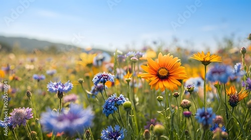 A vibrant field of colorful wildflowers under a clear blue sky