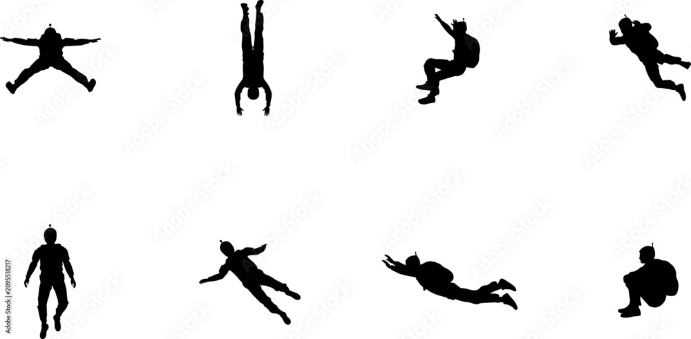 Fototapeta premium Skydiver silhouettes set with parachutists in freefall jumping diving flying and wearing parachutes extreme sport