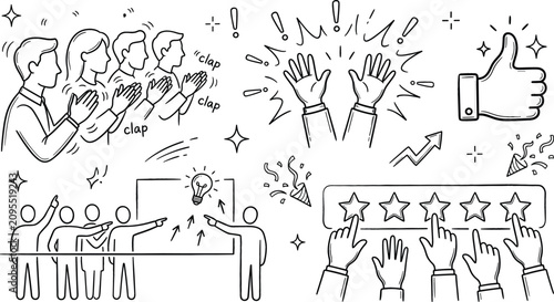 Appreciation and feedback vector doodle set with audience clapping thumbs up rating stars hands and success icons isolated