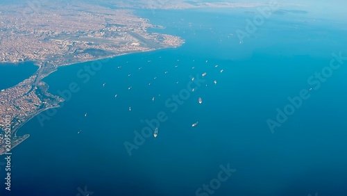 aerial view of the oil tankers in the sea