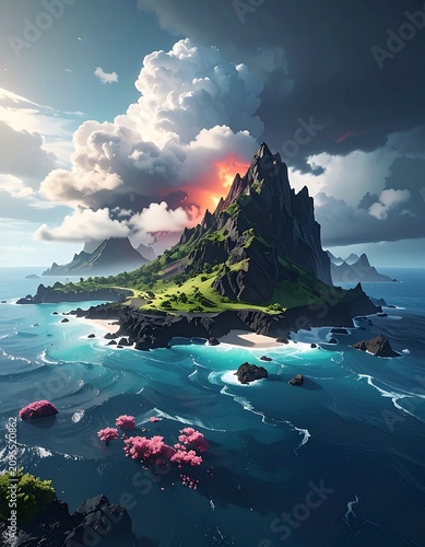 Fantasy island landscape with ocean waves.