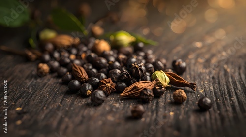 Close-up of spices and cardamom on a rustic wooden table, luxury food background