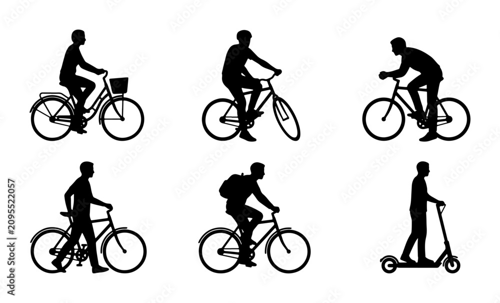 Obraz premium Six Silhouette Vector Icons: Cyclists and Scooter Rider, Urban Mobility and Recreation, Black on White