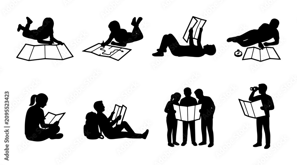 Fototapeta premium Silhouette Collection: Diverse People Reading Maps, Exploring, Planning Journeys, Navigation, Discovery, Travel Planning, Outdoor Activities, Information Gathering
