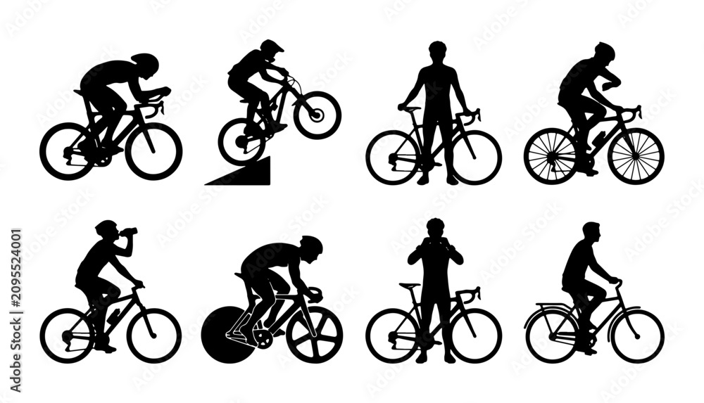 Fototapeta premium Cyclist Silhouettes Collection: Diverse Bicycle Sports and Activities, Vector Icons for Sport and Recreation Graphics