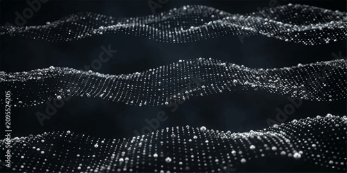 Obraz na płótnie A captivating 3D render showcases abstract wavy patterns composed of shimmering silver particles and spherical orbs against a dark, textured background, creating a sense of digital dynamism and depth