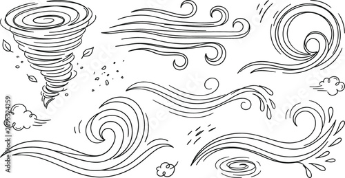 Obraz na plátně Wind vector doodle set with blowing gust swirls tornado twister and air currents