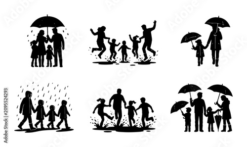 Canvastavla Family Silhouettes Under Umbrellas, Rainy Day Fun, Outdoor Activities, Black Vec