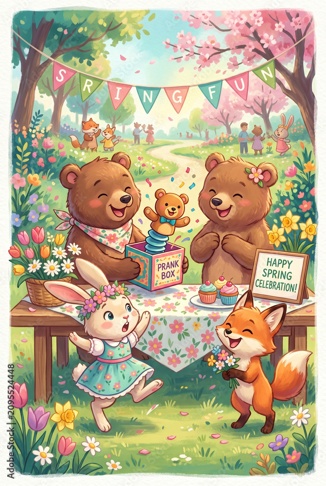 Naklejka premium Charming spring picnic animal postcard with cute forest characters for happy spring celebration card and background design