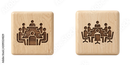 Business meeting conceptual icons engraved on wooden tiles showing group discussion or team work.
