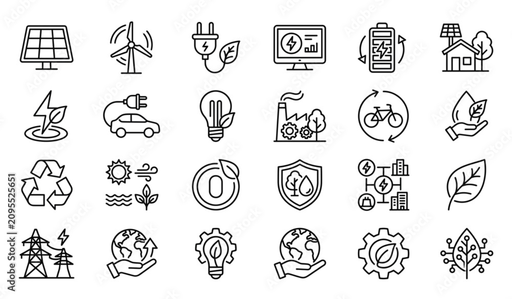 Fototapeta premium Pixel Perfect Energy Friendly Line Icon Collection for Mobile App Web UI and Sustainable Technology