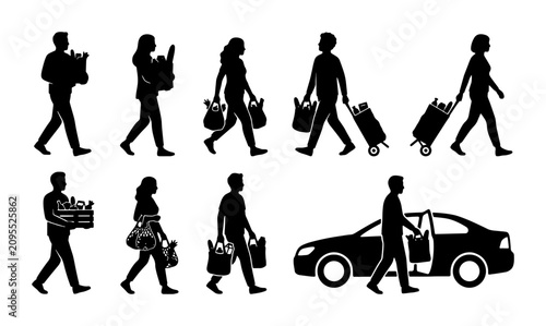 Konstfotografi Diverse Shopper Silhouettes Collection, People Carrying Groceries and Luggage, U