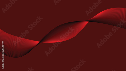 Abstract red ribbon wave with gradient tones flowing smoothly across dark maroon background for modern digital decorative artwork