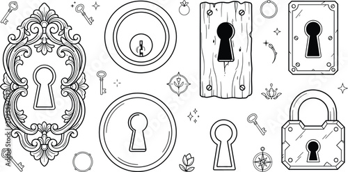 Vintage Keyholes And Antique Metal Padlock Line Art Vector Icon Collection Design Pack