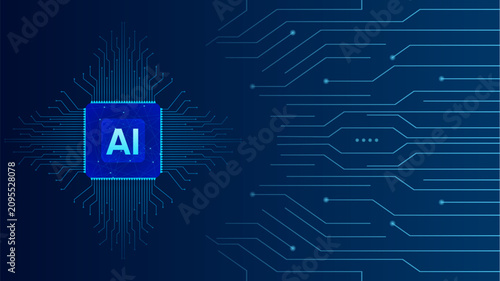 Tableau sur toile A high-tech digital background featuring a central artificial intelligence (AI) microchip processor connected to complex glowing circuit lines on a dark blue gradient backdrop