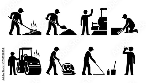 Photos Construction Worker Icons Set, Roadwork and Building Process Pictograms, Manual