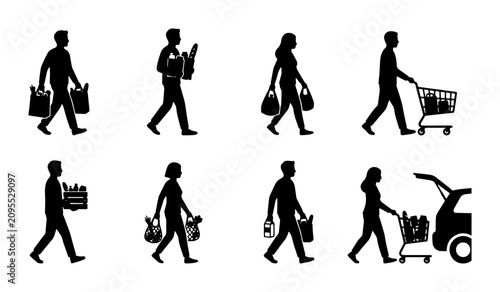 Foto Diverse Shopper Silhouettes, 8 Vector Icons: Groceries, Shopping Cart, Car Trunk