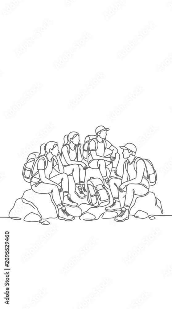 Obraz premium Continuous line drawing of a group of hikers resting on rocks.