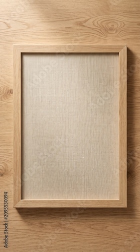 Blank Canvas Mockup with Wooden Frame on Oak Table Background
