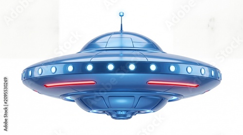 Shiny metallic blue flying saucer with glowing lights and antenna hovering isolated on white background