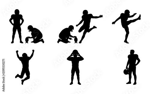 Bild auf Leinwand American Football Player Silhouettes, Action Poses Vector Set: Kicking, Jumping,