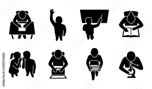 Bild auf Leinwand Education Icons Set: Students Learning, Teacher Instructing, Studying, Science L