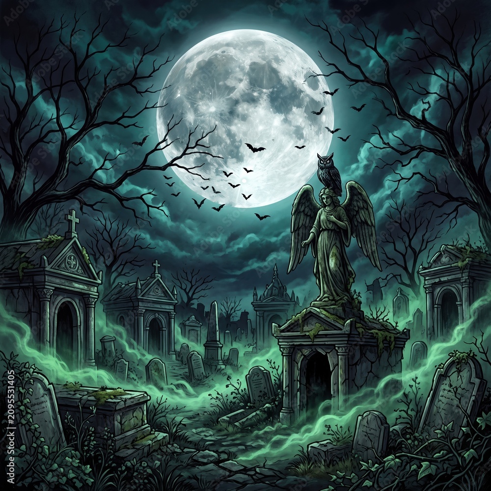 Fototapeta premium A weathered angel statue with an owl overlooks a misty cemetery glowing green under a giant full moon and flying bats.