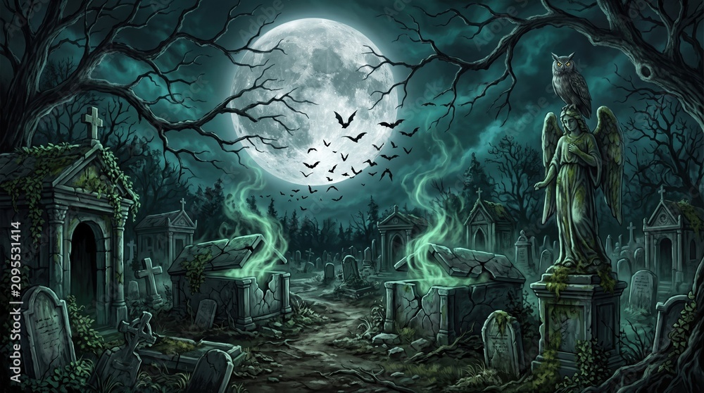 Fototapeta premium A weathered angel statue with an owl overlooks a misty cemetery glowing green under a giant full moon and flying bats.