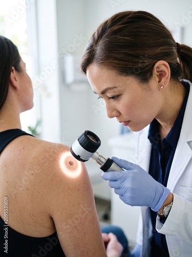 A dermatologist uses a dermatoscope to closely examine a mole on a patient's shoulder during a professional skin cancer screening.