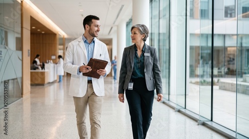 A businesswoman and a young doctor in a white coat walk and chat together through a bright modern hospital corridor.