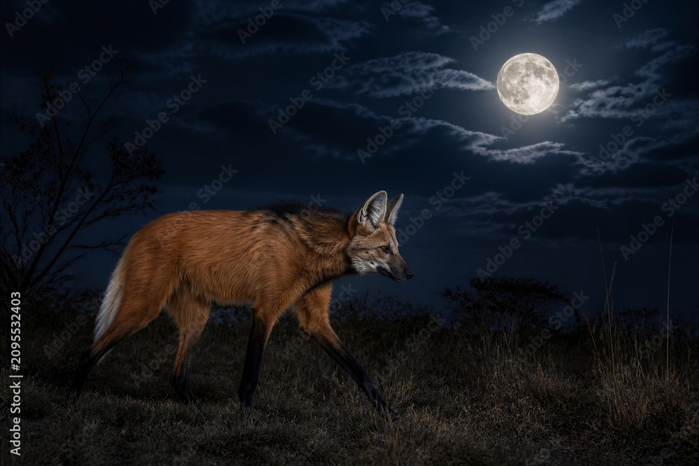 Obraz premium Red fox walking across grassy field under full moon night