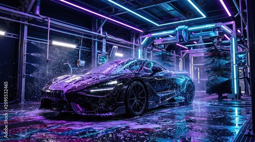 A sleek sports car covered in soap suds sits in a futuristic neon-lit car wash bay with vibrant purple and blue lighting.