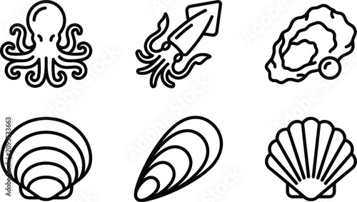 Foto Marine Mollusks and Ocean Seafood Line Icon Set with Octopus, Squid, Oyster Pear