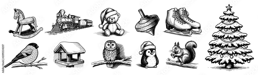 Fototapeta premium Christmas icons set with vintage winter toys and festive forest animals in engraving style