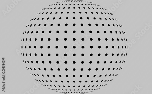 An abstract 3D spherical object featuring a black dotted (or halftone) pattern, presented against a minimalist, plain gray background.