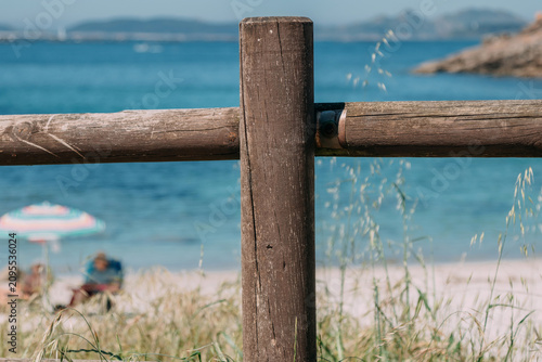 Tableau sur toile beach with Cies Islands in the background, Vigo, Pontevedra, Galicia