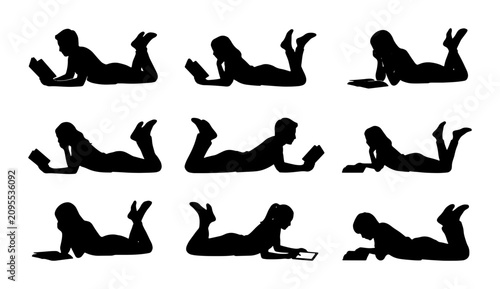 Quadro em tela Silhouette Collection: Diverse People Reading Books, Relaxing Poses, Vector Icon