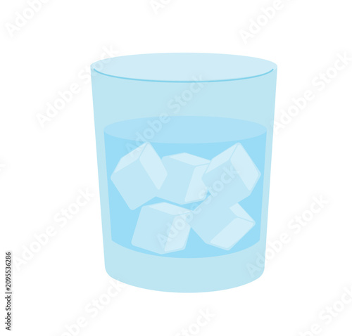 Clear glass of pure water with ice cubes vector illustration. Flat cartoon refreshing mineral aqua drink, cold liquid isolated design element